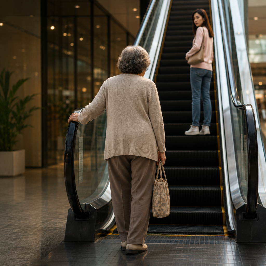 Elderly lady with knee discomfort and mobility hesitating at escalator